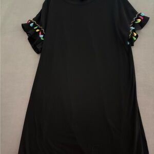 Elegant Black Dress with Colorful Sleeve Accents